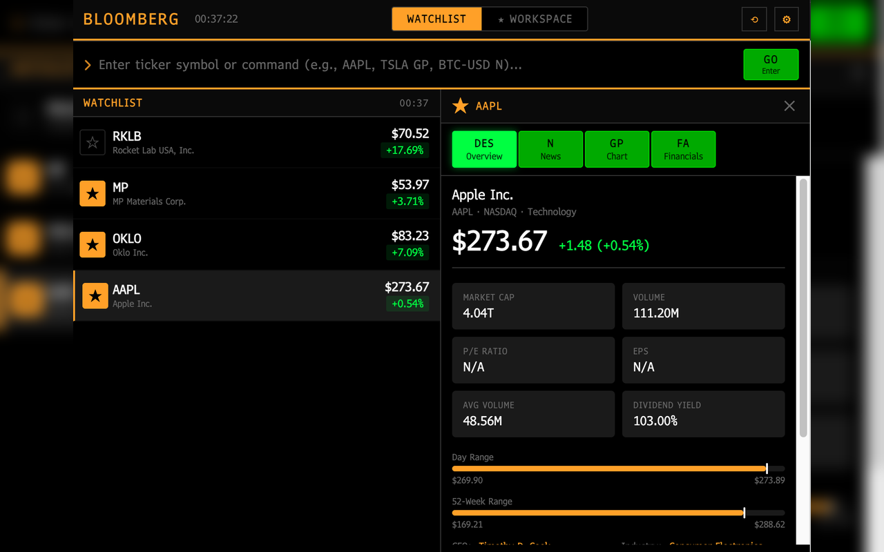 Bloomberg Terminal lite stock overview page